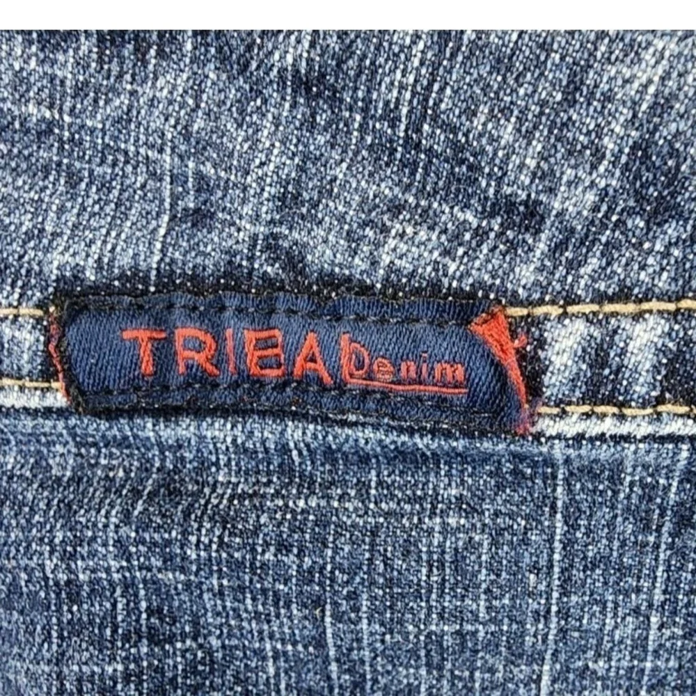 Tribal Denim A-Line Midi Skirt Blue‎ Womens Size 14 Stretch Paneled Jean Skirt